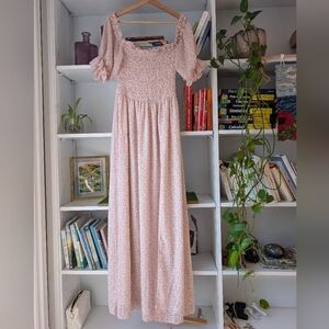 MABLE Pink Floral Smocked Maxi Dress Puff Sleeves Pink Romantic Size Medium